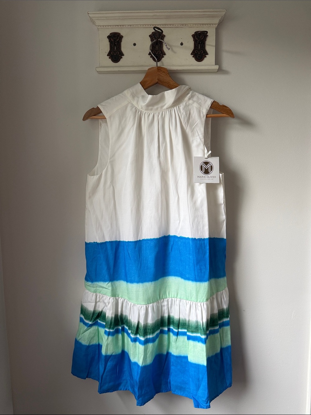 Marie Oliver Ali Flounce Dress in White with Blue & Mint Stripe Bands Summer